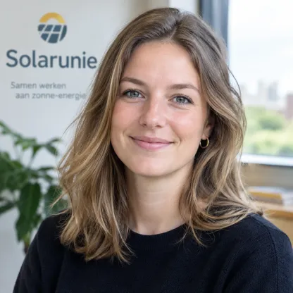 Portret van een vriendelijke vrouw met schouderlang bruin haar en een donkerblauwe trui