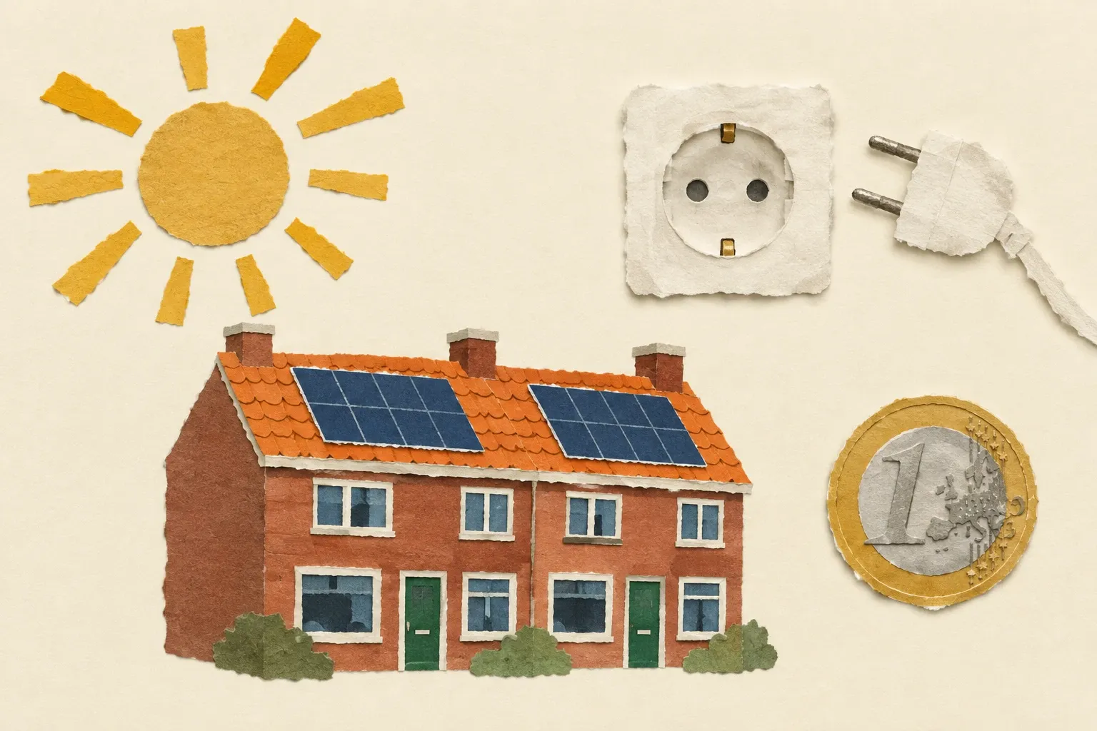 Collage van papiersnippers: zon, rijtjeshuis met zonnepanelen, stopcontact met stekker en een euromunt