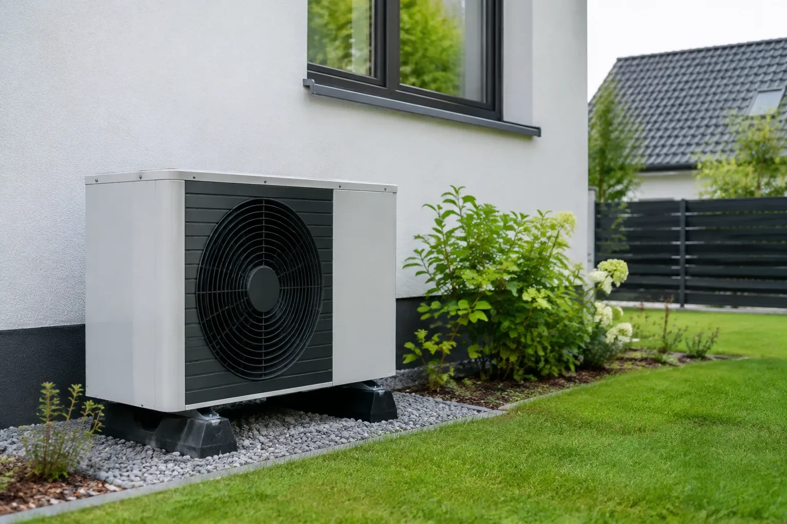 Buitenmuur met lucht-water warmtepomp unit naast raam en groene tuinborder