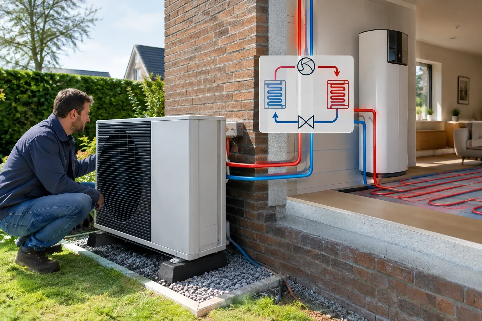 Monteur controleert buitenunit warmtepomp verbonden met binnenboiler en vloerverwarming