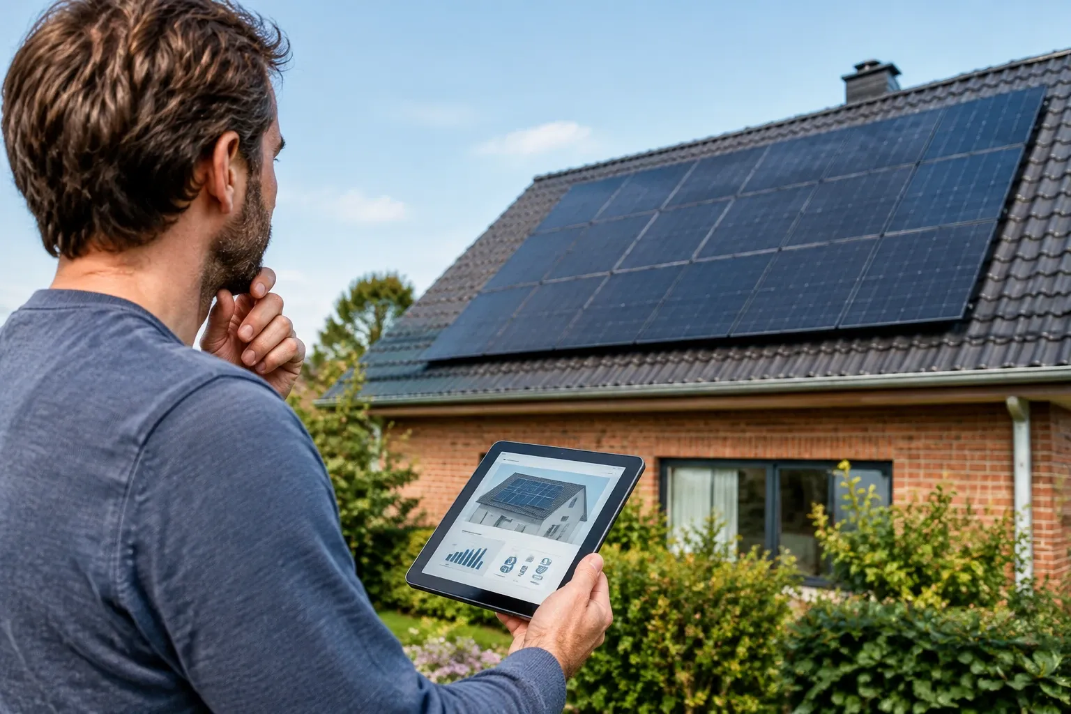 Man bekijkt op tablet berekening terwijl zonnepanelen op huisdak zichtbaar zijn