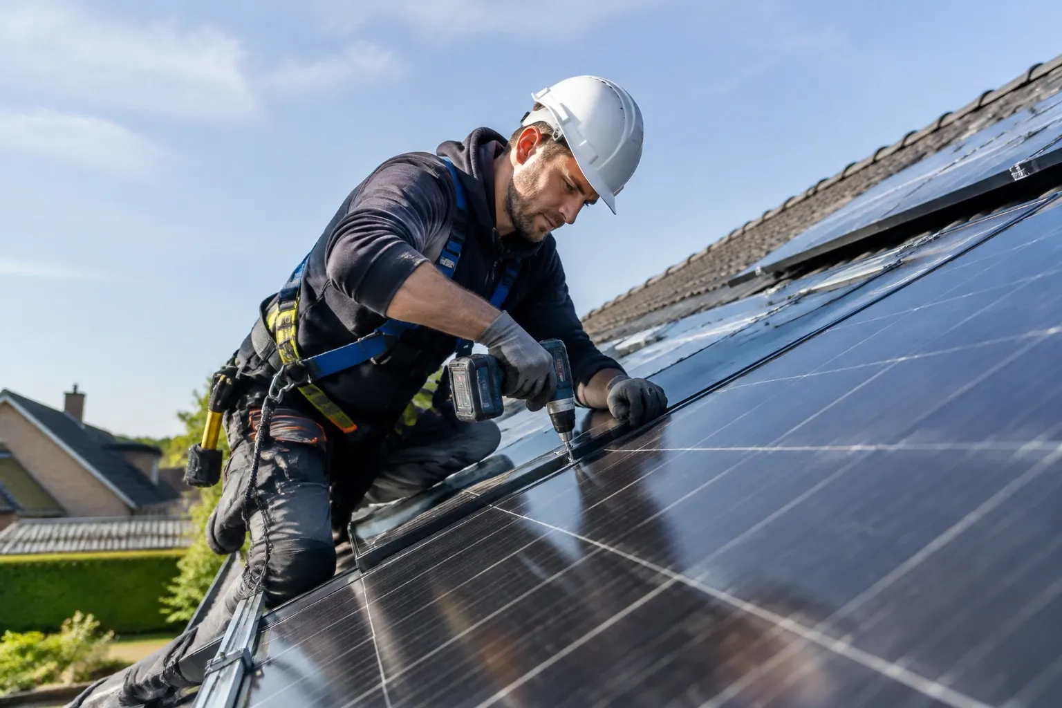 Installateur op dak monteert zonnepanelen met boormachine, rollend harnas en helm