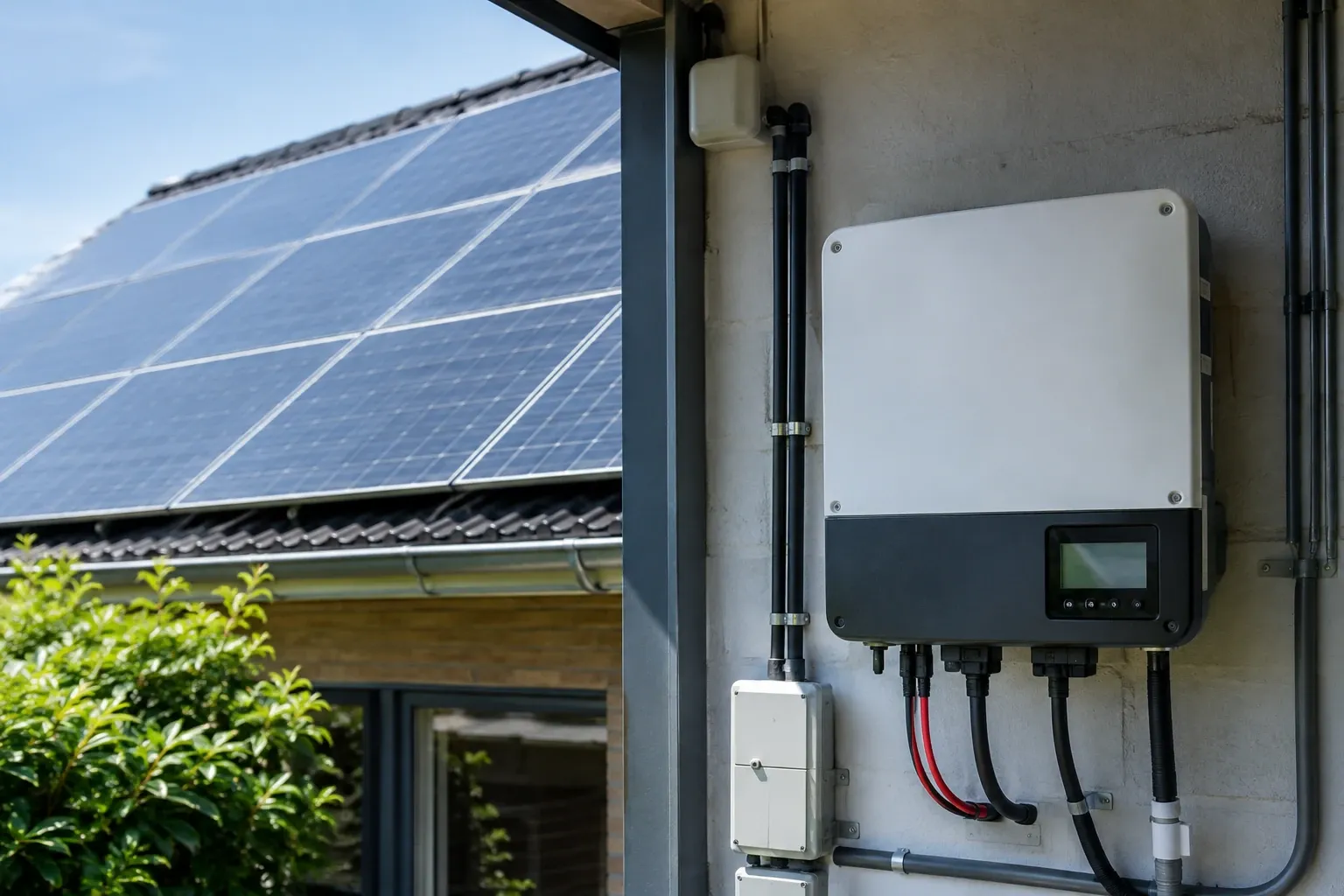 Witte zonnepanelenomvormer gemonteerd aan buitenmuur naast huis met zonnepanelen op dak