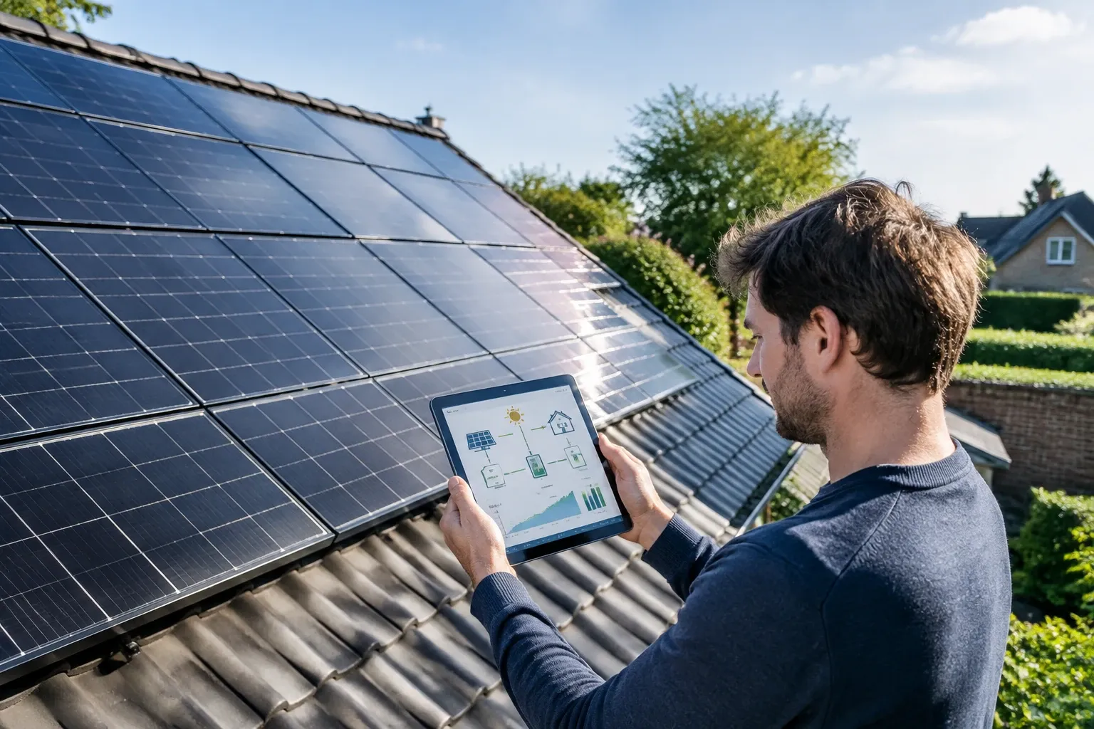 Man op dak bekijkt opbrengstgrafiek van zonnepanelen op tablet tijdens zonnige dag