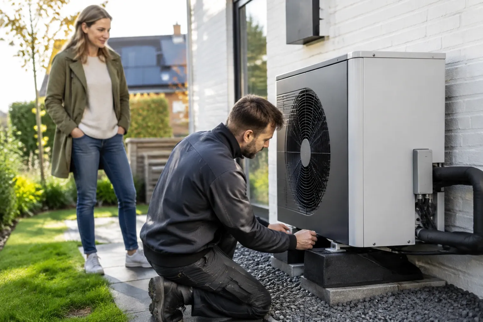Monteur installeert warmtepomp naast huis terwijl bewoner toekijkt in tuin