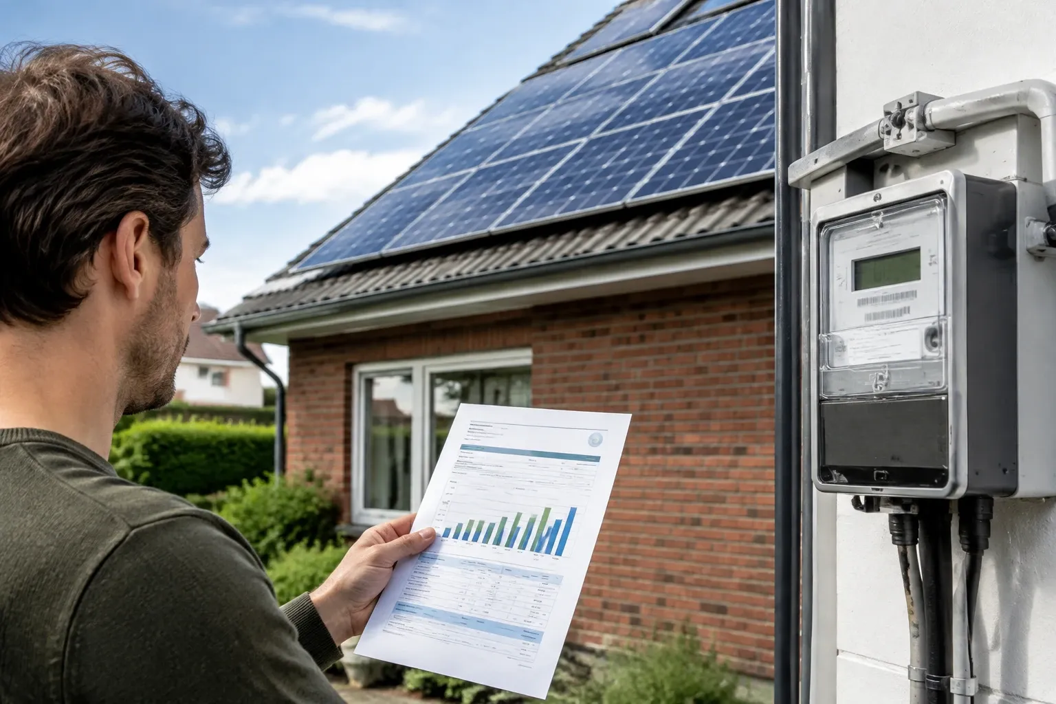 Man buiten bij elektriciteitsmeter en zonnepanelen kijkt naar grafiek op papieren rapport