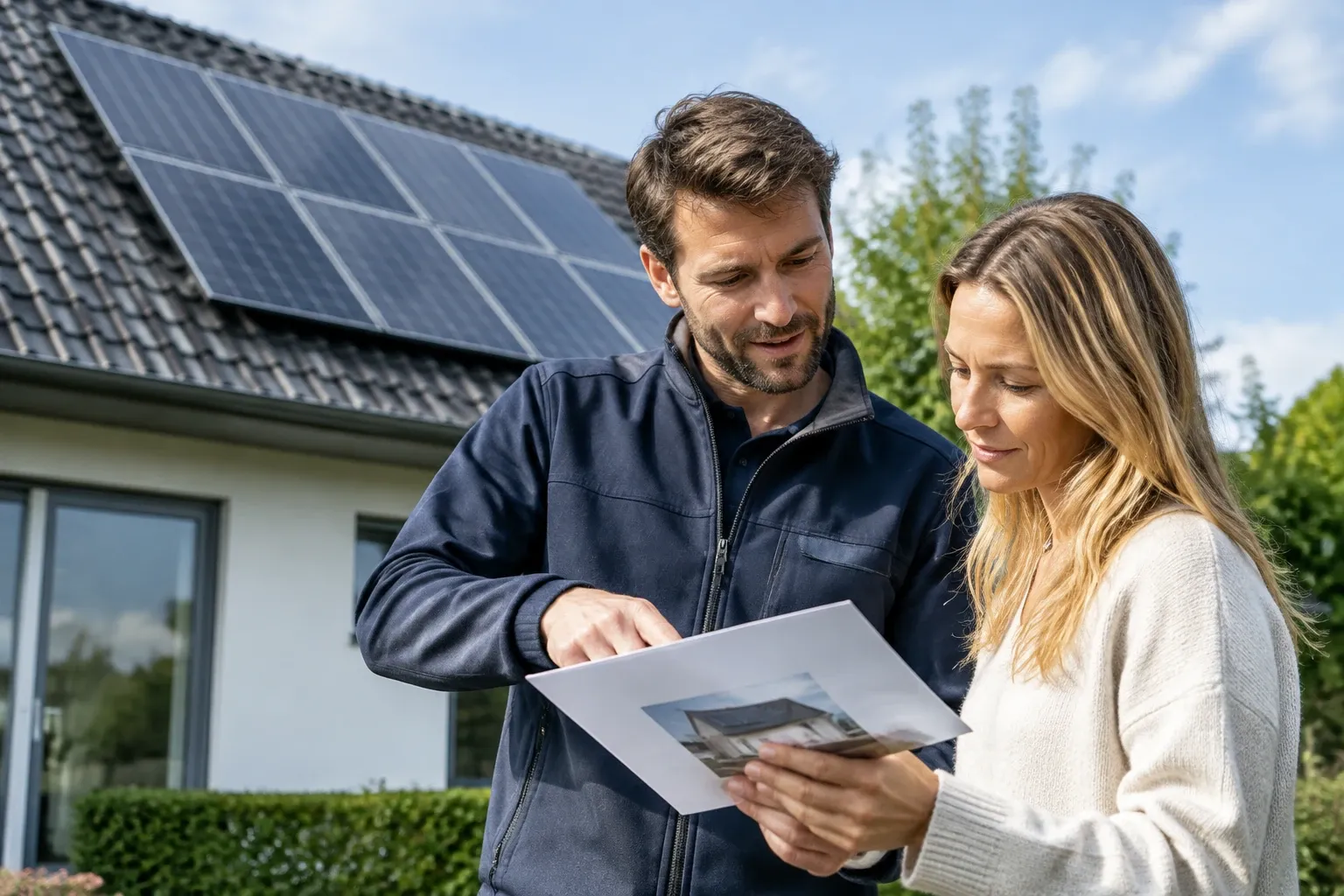 Man wijst samen met vrouw naar document voor huis met zonnepanelen op dak