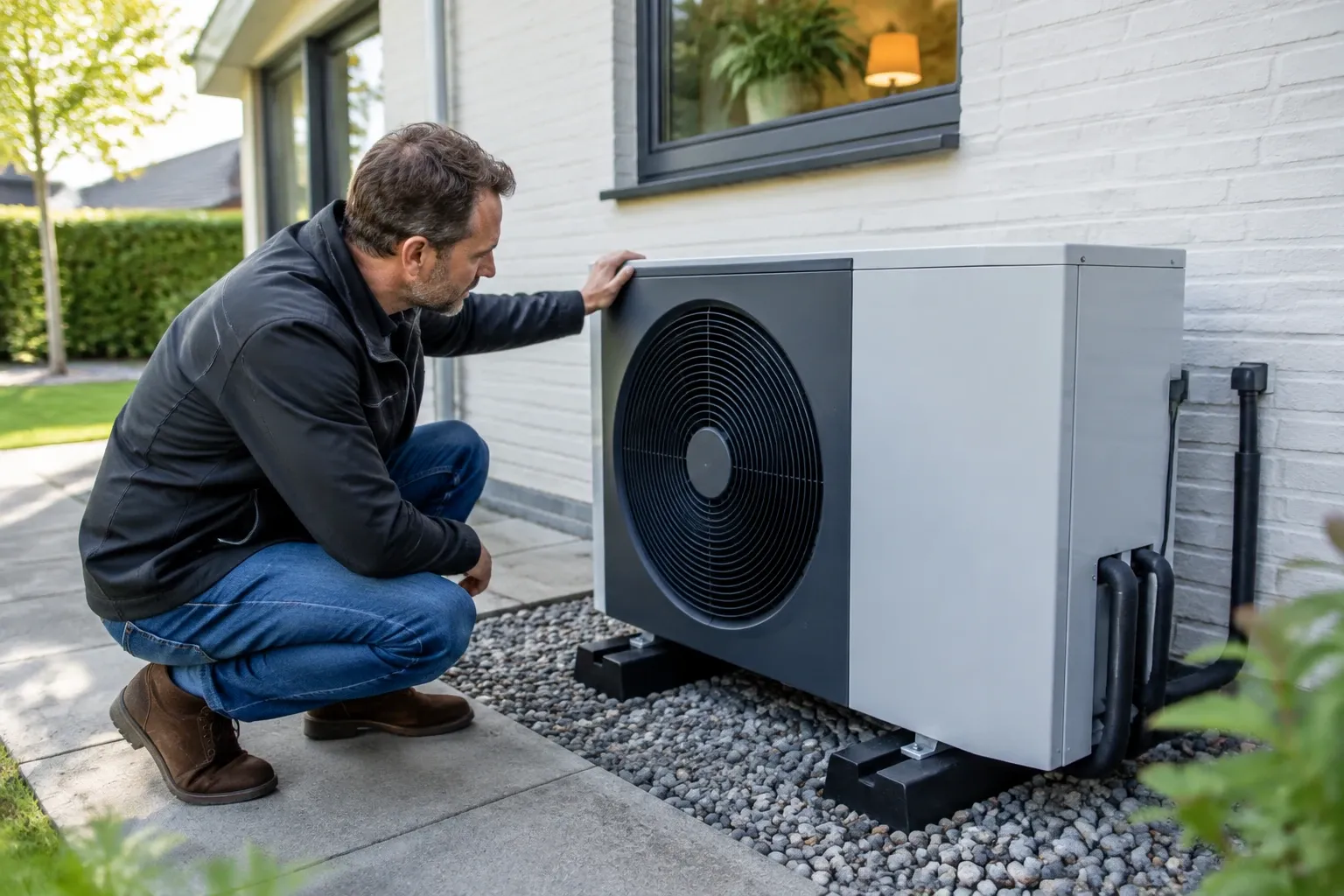 Man hurkt naast buitenunit van warmtepomp bij gevel, kijkt en voelt aan behuizing