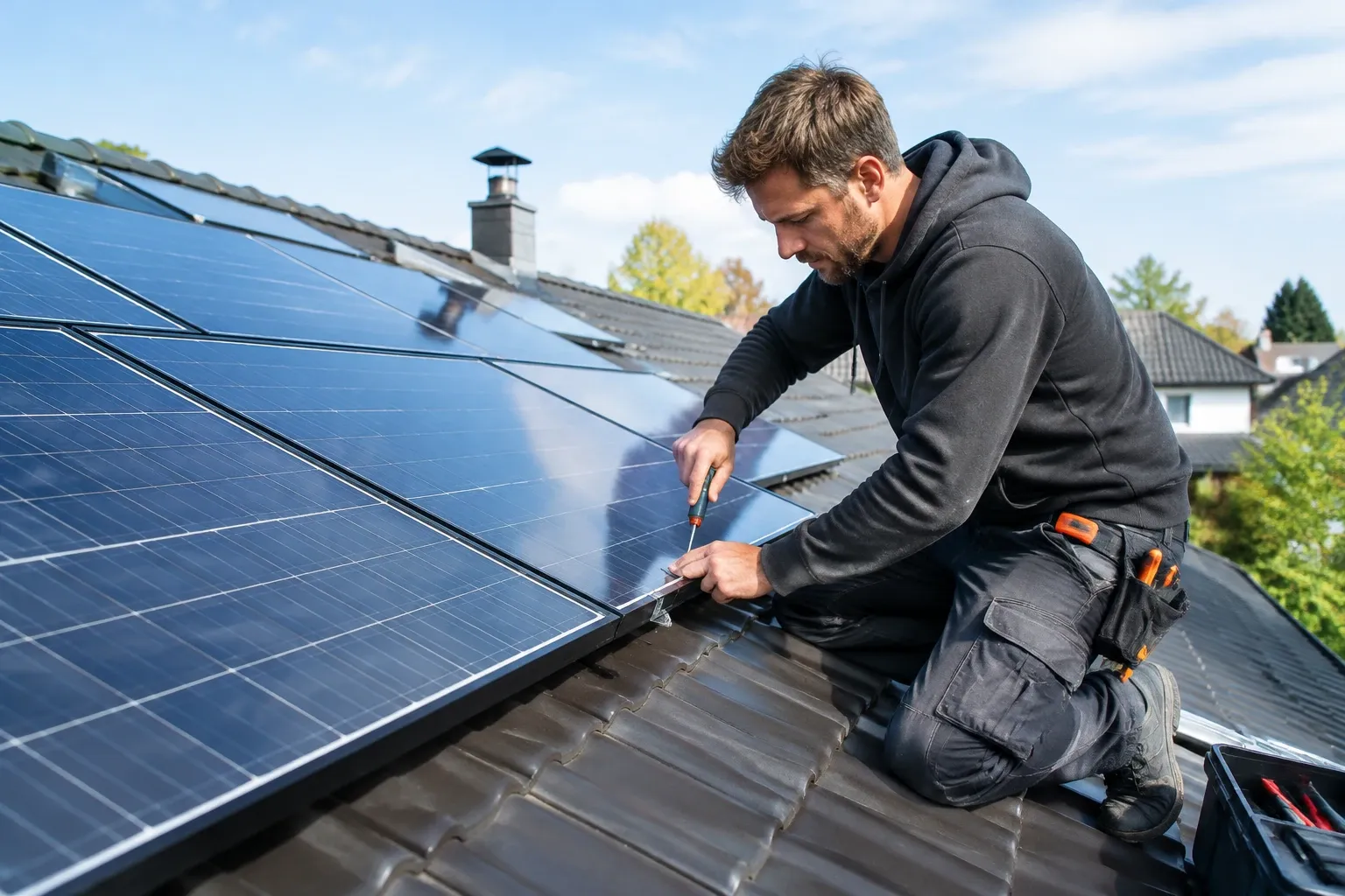 Man knielt op dak en schroeft zonnepanelen vast met schroevendraaier, gereedschap naast zich