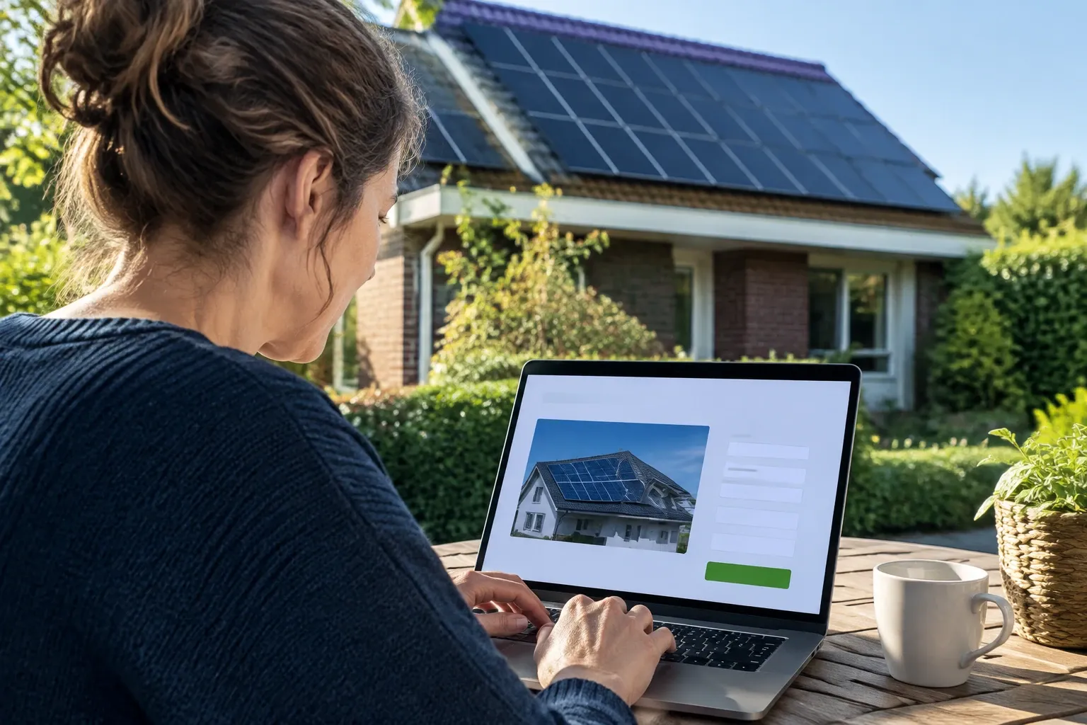 Vrouw achter laptop registreert zonnepanelen bij huis met zonnepanelen op het dak