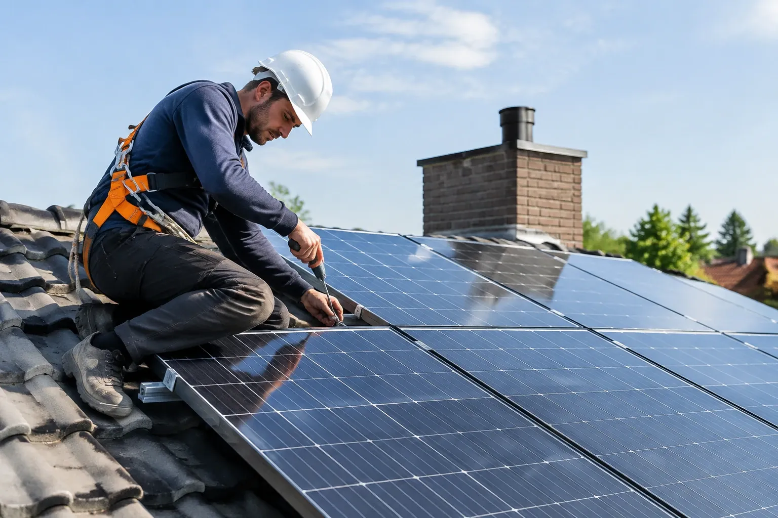 Zonnepaneleninstallateur op dak bevestigt zonnepaneel met schroevendraaier, helm en valbeveiliging