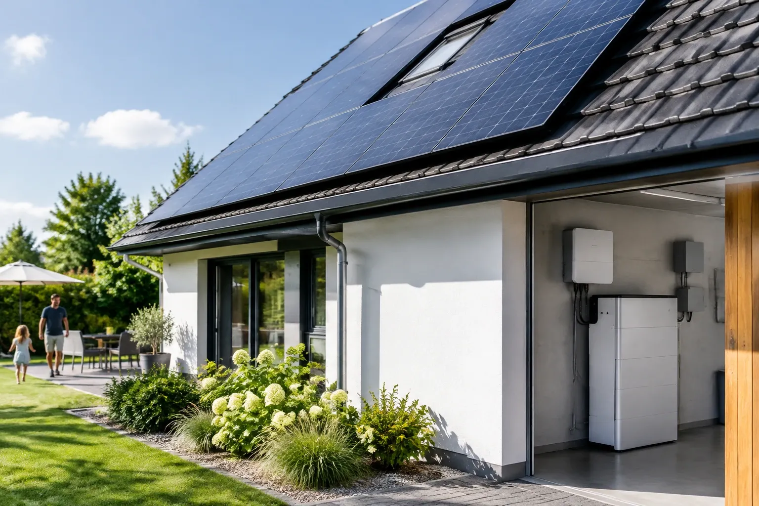 Witte woning met zonnepanelen op dak en thuisbatterij in garagehoek, tuin op de achtergrond