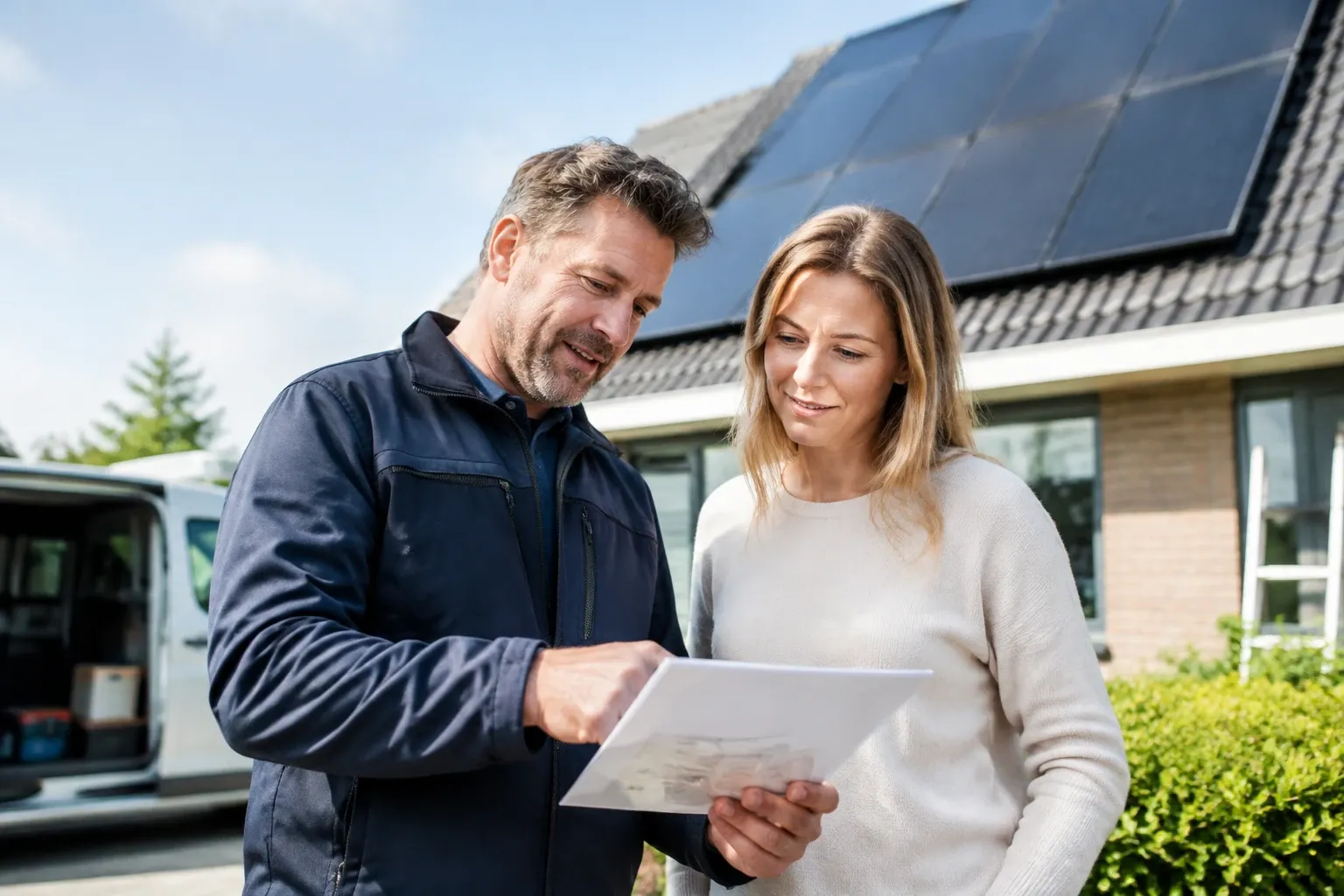Monteur wijst met tablet naar offerte terwijl vrouw bij huis met zonnepanelen luistert
