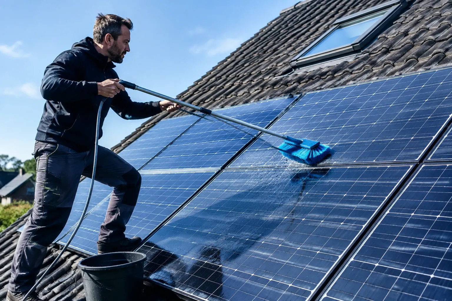 Man op dak reinigt zonnepanelen met trekbezem en emmer water, zonnige dag