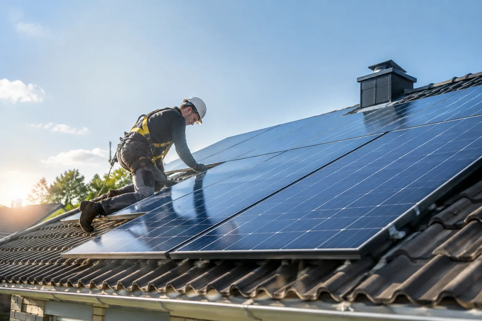 Installateur met veiligheidsuitrusting montert zonnepanelen op hellend dak bij zonsondergang